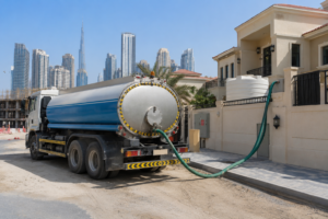 Water tanker filling a storage tank at a villa in Dubai during daytime service delivery