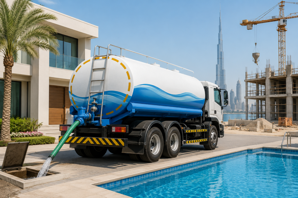 Modern water tanker truck delivering sweet water beside a luxury villa swimming pool in Dubai, with a construction site and city skyline in the background, showing urban infrastructure and water supply services